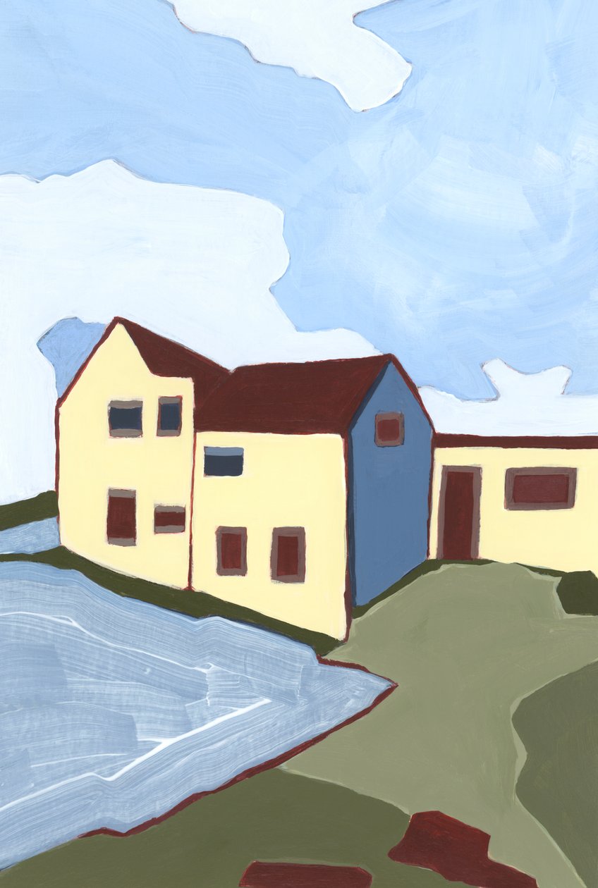 Hjemsøgte huse,2023 (akryl på papir) af Andrea Mejia