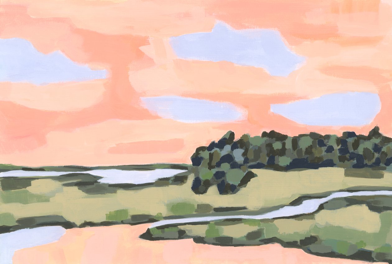 Ferskenhimmel og grønt land, 2023 (akryl på papir) af Andrea Mejia