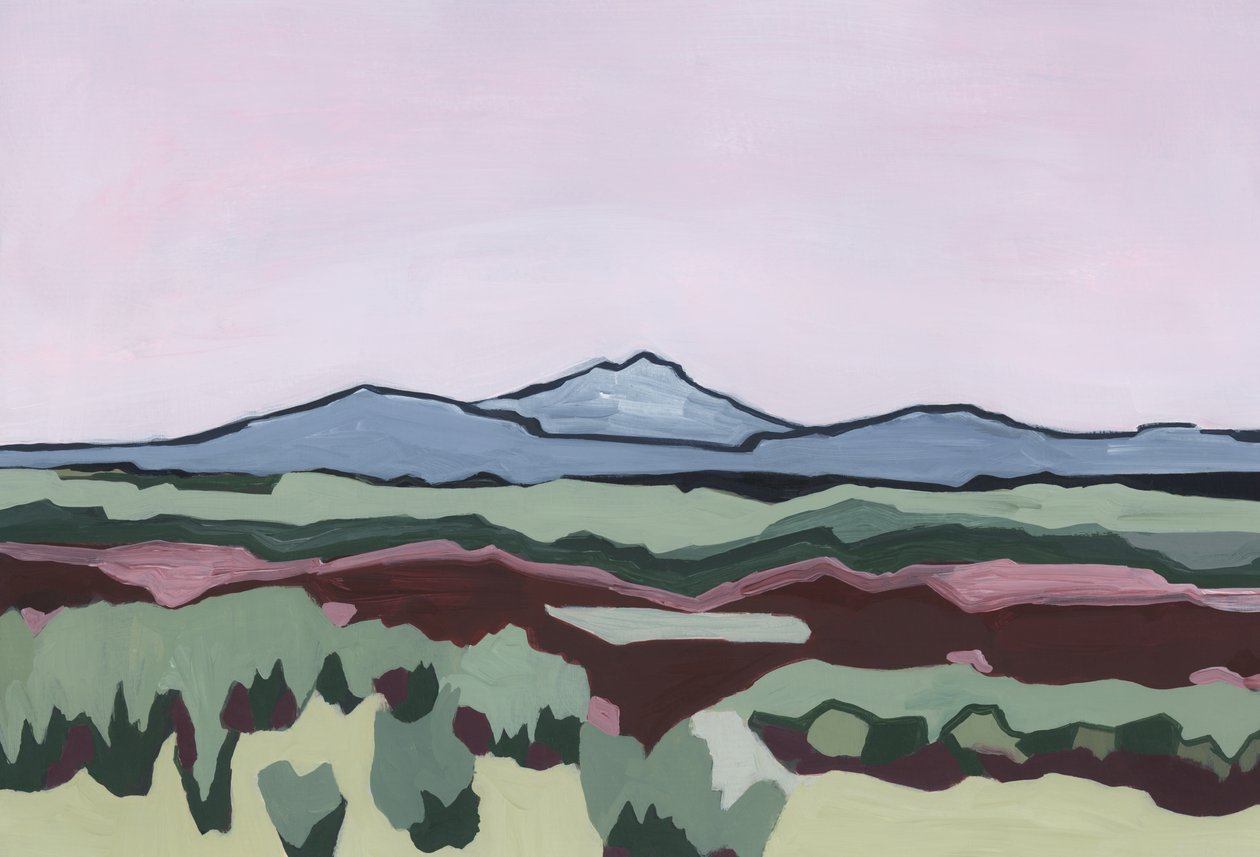Pink sky and abtract land, 2024 (akryl på papir) af Andrea Mejia