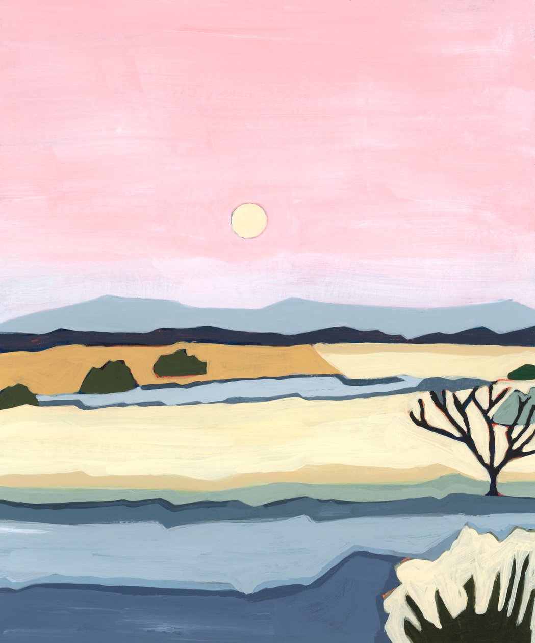 Lyserød solnedgang over Villacuri, 2023 (akryl på papir) af Andrea Mejia