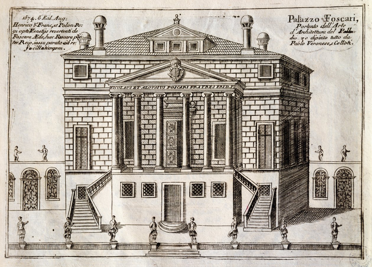 Hovedfacade af Villa Foscari kendt som La Malcontenta, Mira, designet af Andrea Palladio (1508-1580), gravering fra Langs Brenta Canal, næsten bydel af byen Venedig, af Vincenzo Coronelli (1650-1718), Venedig af Andrea Palladio