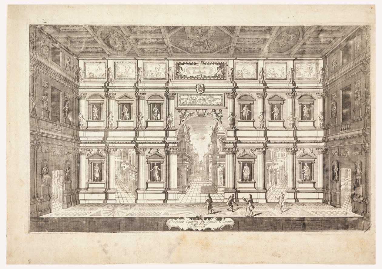 Indvendig forhøjning af det olympiske teater i byen Vincenza (udsigt over scenen i Teatro Olimpico i Vicenza) af Andrea Palladio