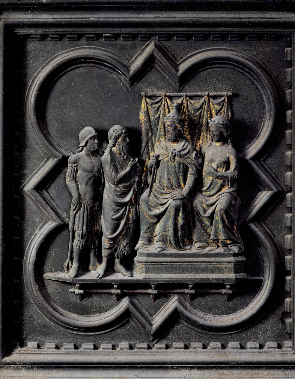 Johannes Døberen irettesætter kong Herodes (21 f.Kr.-39 e.Kr.), ellevte panel i syddørene i San Giovanni-døbefondens døbefont, 1336 (bronze) af Andrea Pisano