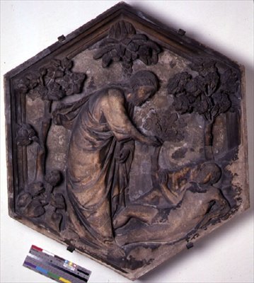 The Creation of Adam, sekskantet dekorativ reliefflise fra en serie, der illustrerer episoder fra Genesis, muligvis baseret på design af Giotto (c.1266-1337) c.1334-48 (marmor) af Andrea Pisano