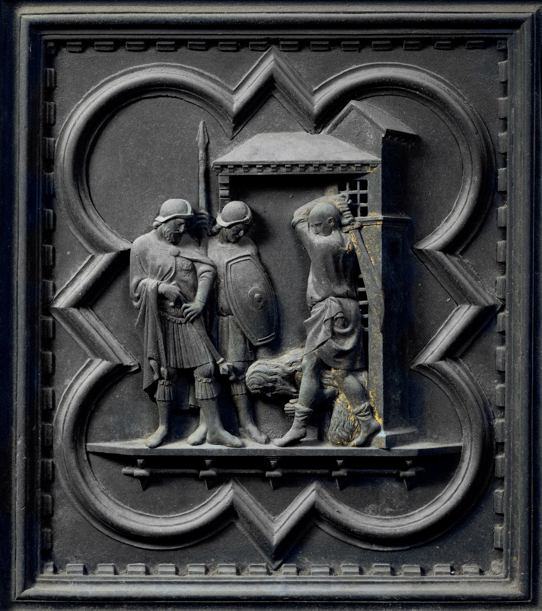 Johannes Døberens halshugning, sekstende panel på syddørene i San Giovanni-døbefondens syddør, 1336 (bronze) af Andrea Pisano