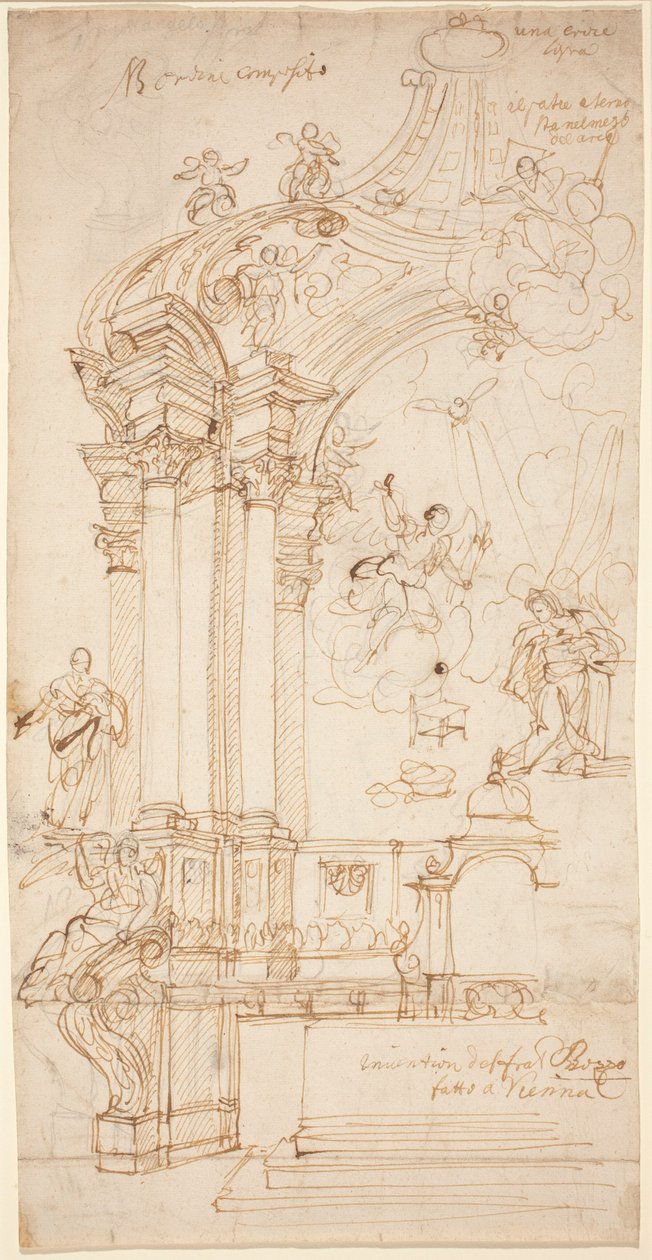 En baldakin med et maleri af bebudelsen, ca. 1708 eller senere (tuschtegning) af Andrea Pozzo