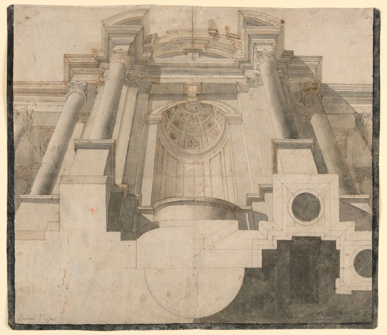 Arkitektur set nedefra, design til plade 55 i Andrea Pozzos "Perspectives of Painters and Architects" af Andrea Pozzo