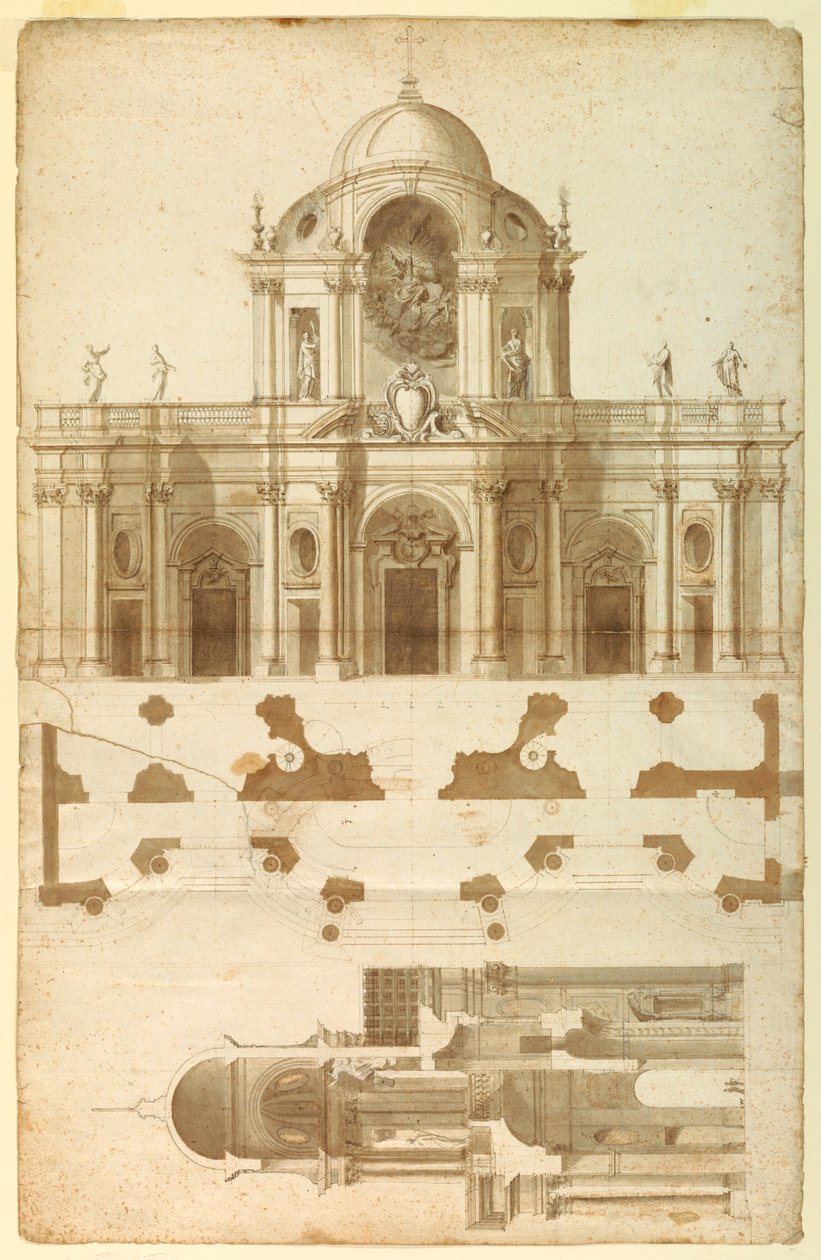 Foreslået højde, sektion og plan for facaden af San Giovanni, Laterano, Rom, Italien af Andrea Pozzo