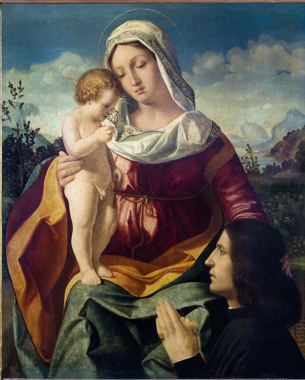 Jomfruen og barnet, med en donor - Maleri af Andrea Previtali (ca. 1480-1528), olie på lærred af Andrea Previtali