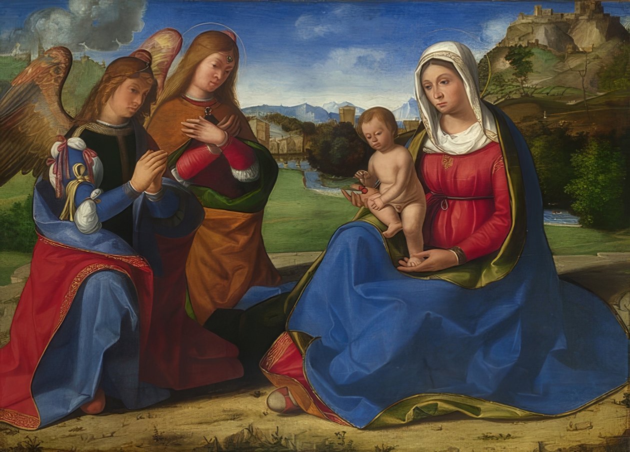 Madonna og barn tilbedt af to engle. Omkring 1505 af Andrea Previtali