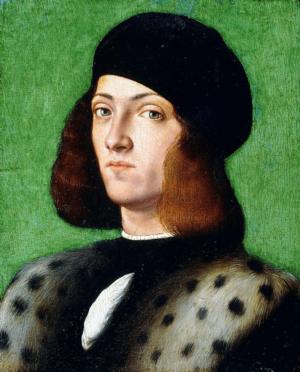 Portræt af en ung herre, med brystlængde, iført sort kasket og sort frakke, 1506 af Andrea Previtali