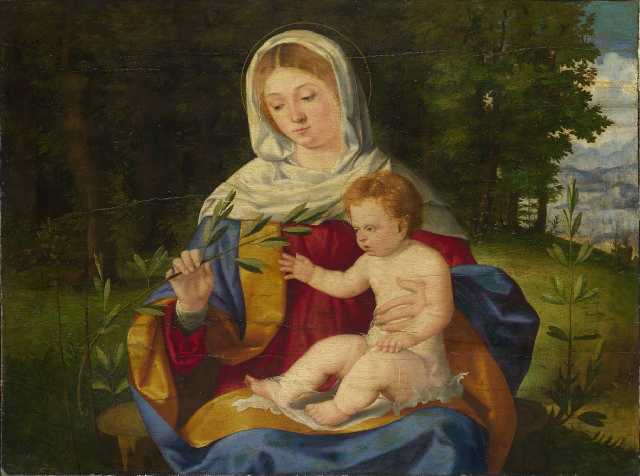Jomfruen og barnet med et olivenskud, ca 1515 af Andrea Previtali