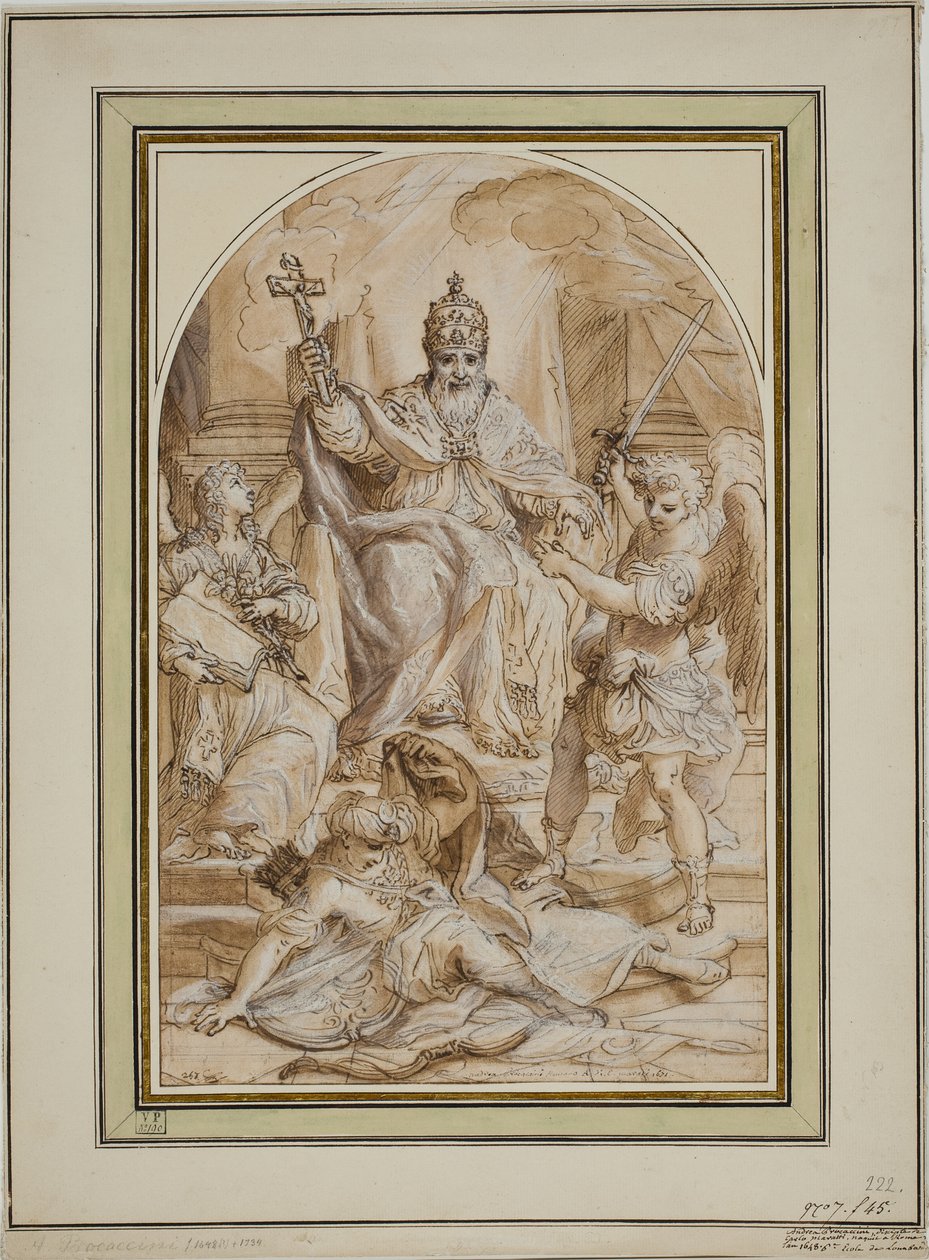 En pave tronet og flankeret af en engel med en bog og St. Michael dræber en tyrk af Andrea Proccaccini