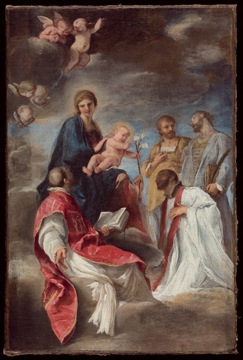 Madonnaen og barnet med de hellige Ignatius af Loyola, Francis Xavier, Cosmas og Damian af Andrea Sacchi