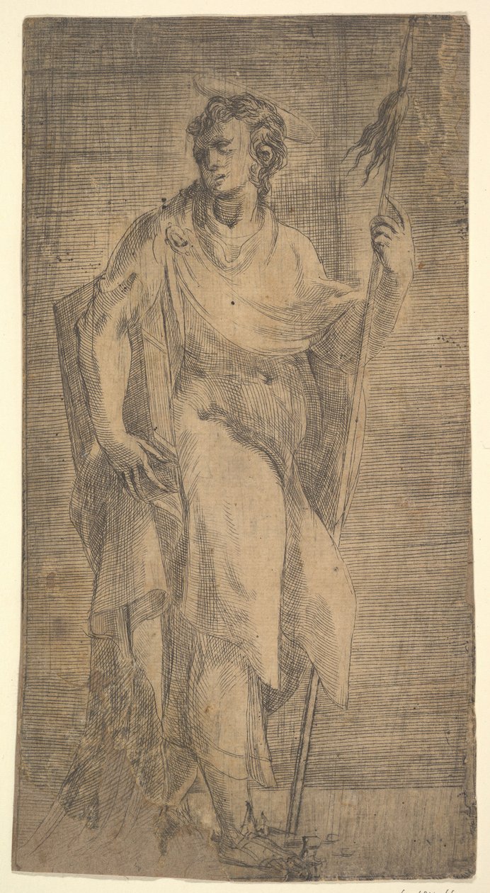 En helgen, muligvis Matthæus, holder en stav og en bog, ca. 1540-50. af Andrea Schiavone