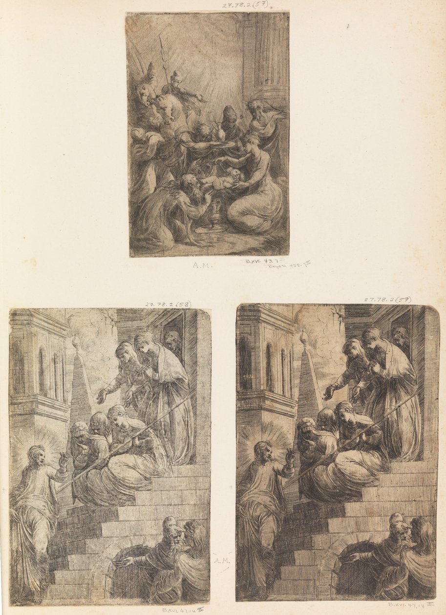 Tilbedelse af vismændene, Kristus og kvinderne på trappen, ca. 1541-44. af Andrea Schiavone