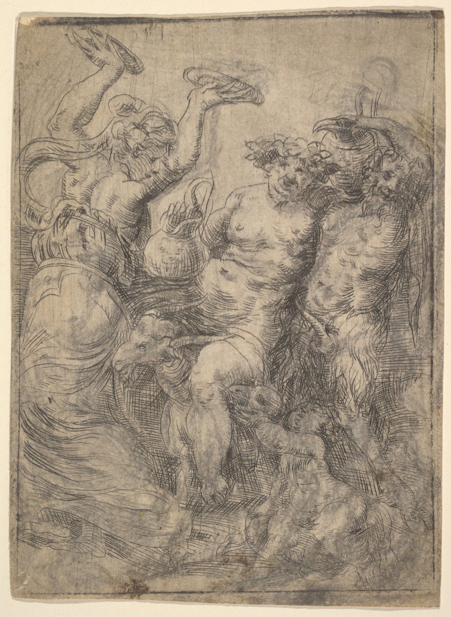 Bacchic fest med Silenus ridende på en ged i midten, ca. 1540-43. af Andrea Schiavone