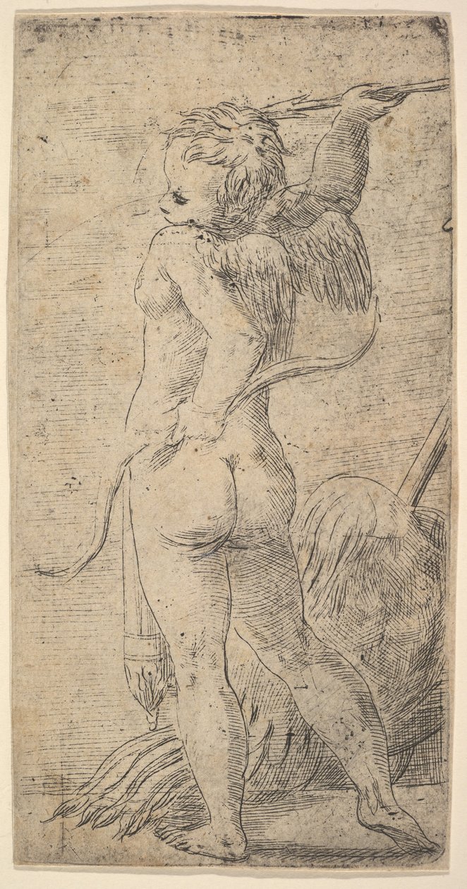 Amor set bagfra med en pil i sin løftede højre hånd, ca. 1543-45. af Andrea Schiavone