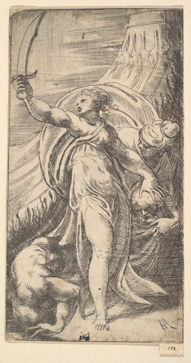 Judith hendes sværd løftet i højre hånd, og placerede Holofernes hoved i sa..., ca. 1542-45. af Andrea Schiavone