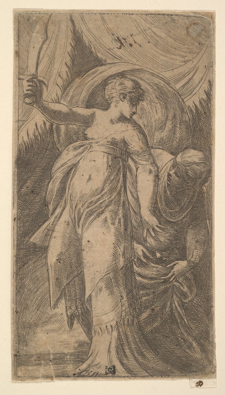 Judith med sit sværd hævet i højre hånd og placerede hovedet af Holofernes i..., ca. 1540-45. af Andrea Schiavone