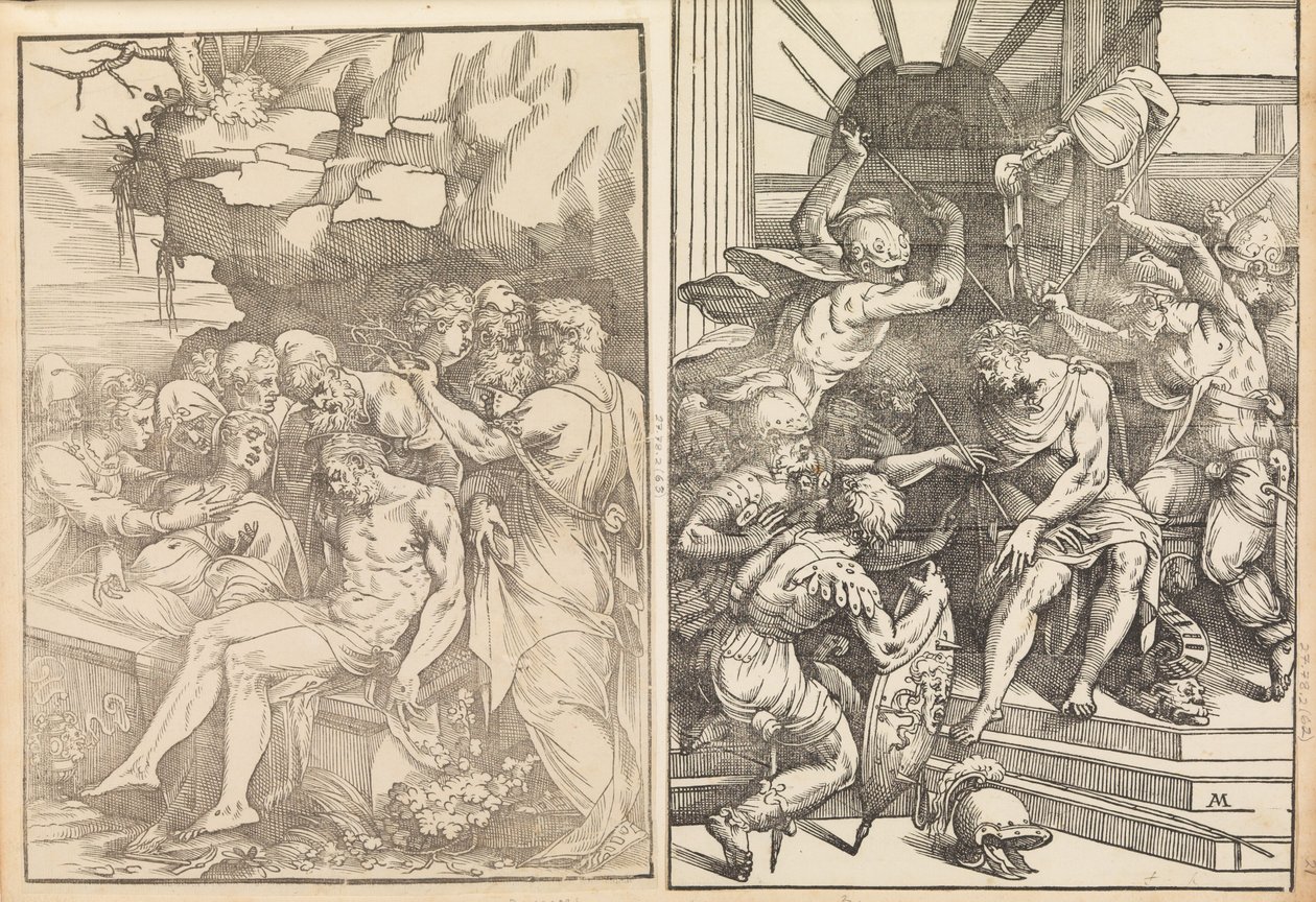 Klagning over den døde Kristus, bliver Kristus angrebet af soldater, ca. 1556-57. af Andrea Schiavone