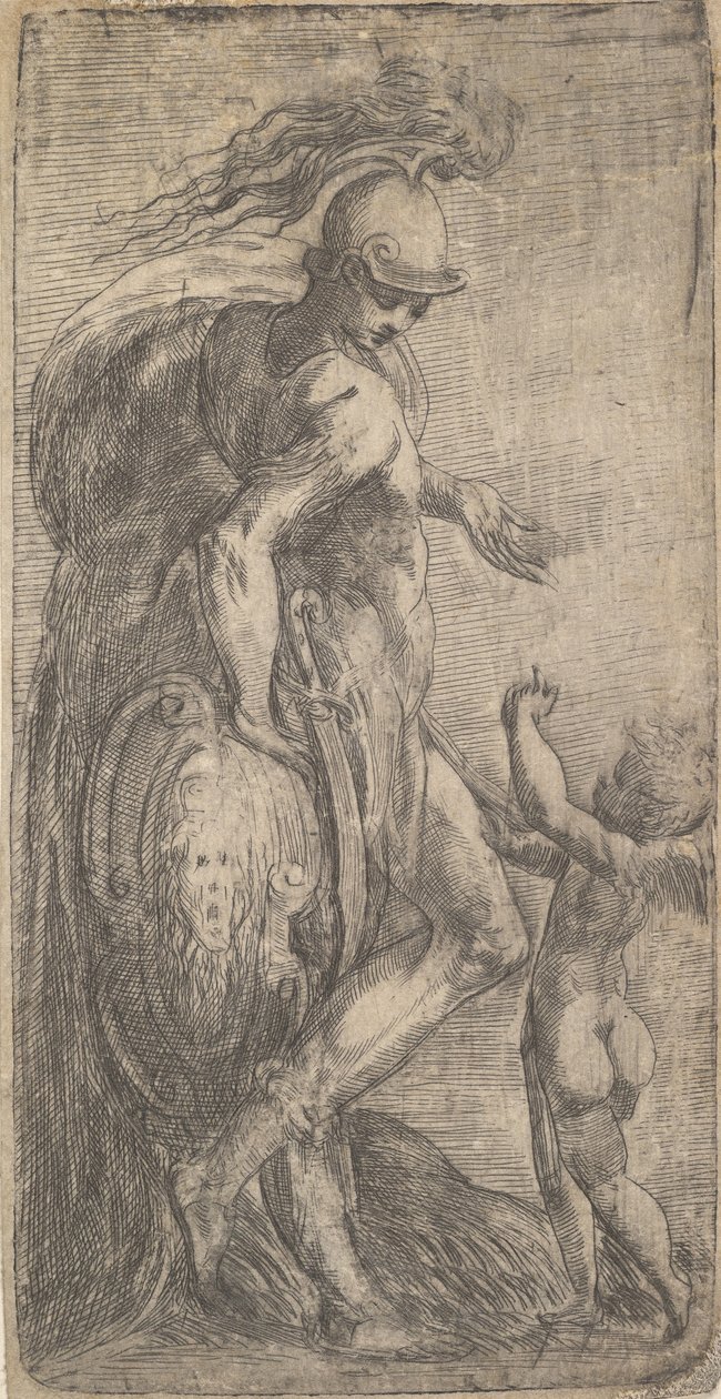 Mars stående til venstre lænet på et skjold, Amor til højre, ca. 1542-46. af Andrea Schiavone