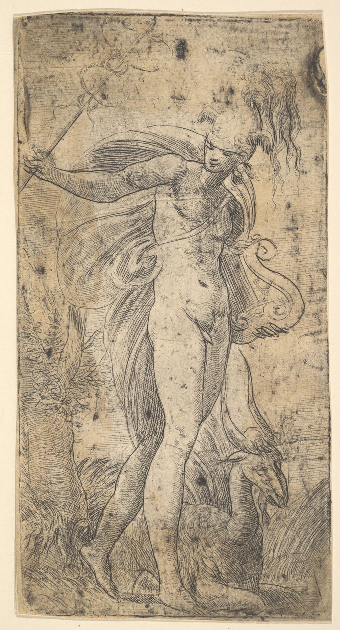 Mercury stående med en cadecus i højre hånd, en lyre i venstre, ca. 1536-40. af Andrea Schiavone