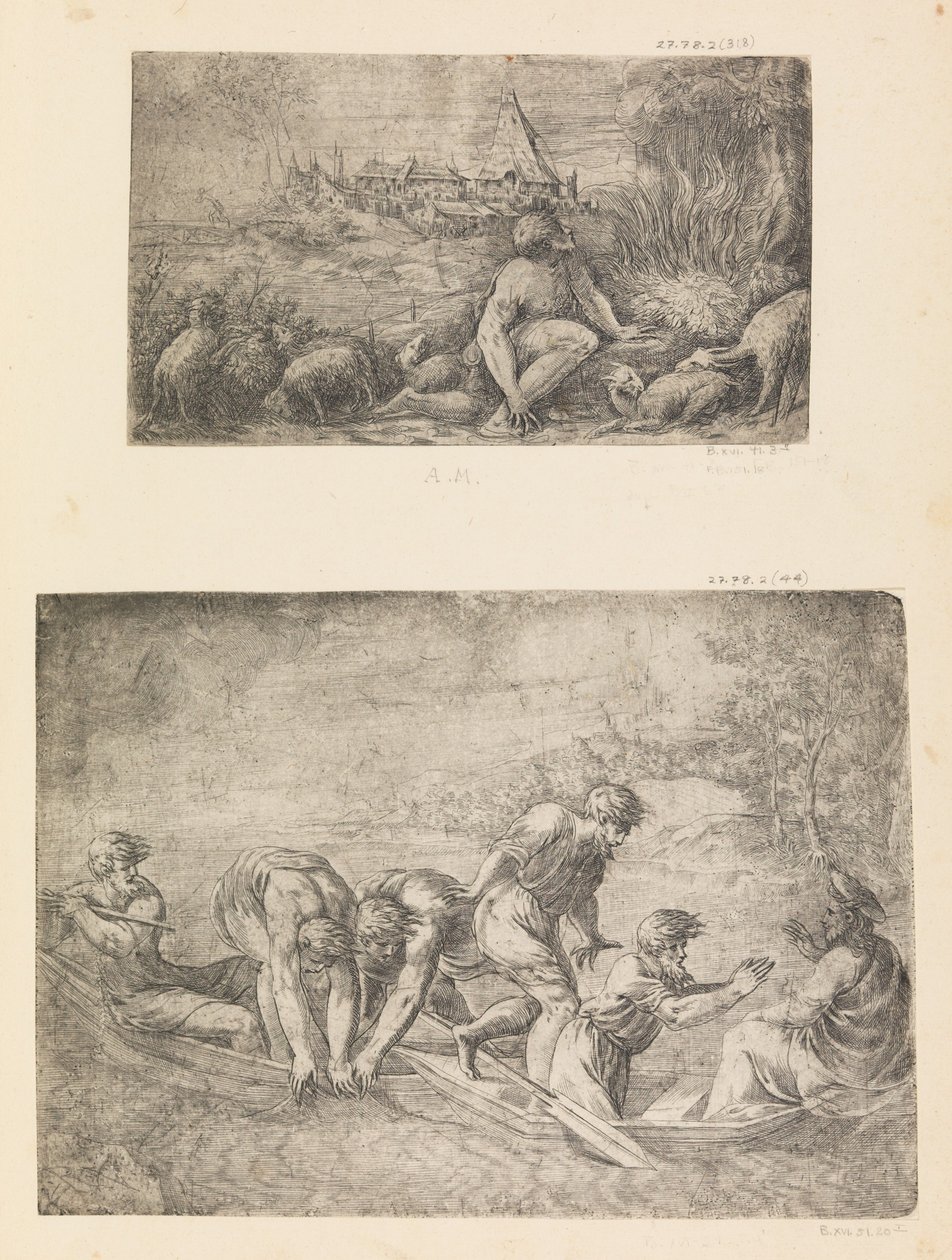 Moses og den brændende busk, det mirakuløse træk af fisk, ca. 1544-48. af Andrea Schiavone