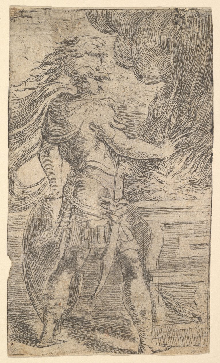 Mutius Scaevola placerede sin hånd i flammerne efterlod halvdelen af en komposition, hvis ret..., ca. 1540. af Andrea Schiavone
