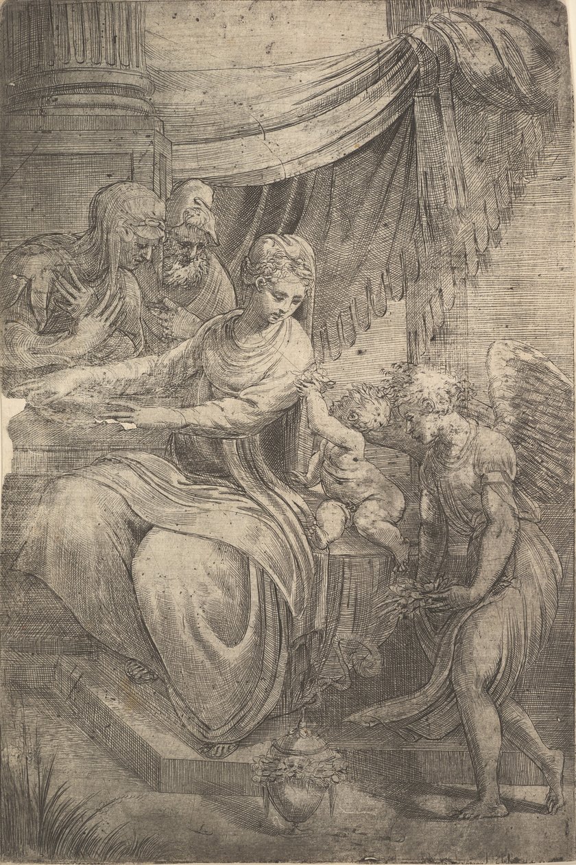 Den hellige familie, en engel med blomster, der nærmer sig fra højre, ca. 1550-53. af Andrea Schiavone