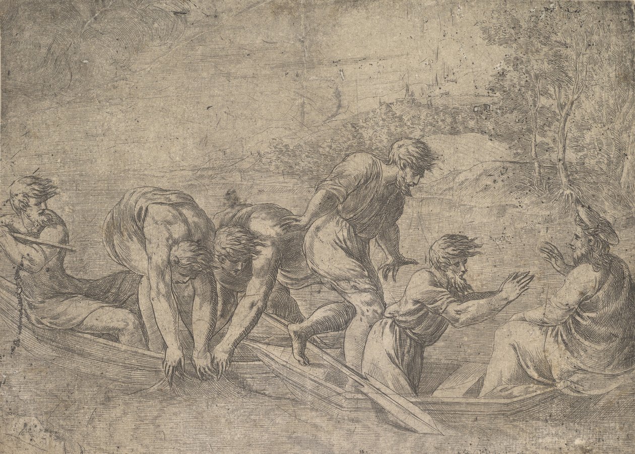 Fiskenes mirakuløse udkast, Kristus til højre ledsaget af apostle i..., ca.1548-52. af Andrea Schiavone