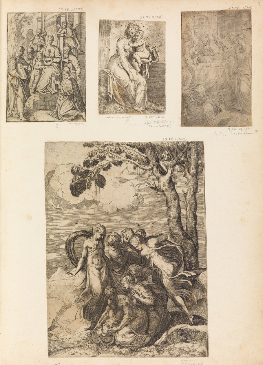 Jomfru og Barn, Omskæringen, Moses reddede fra Nilen, ca. 1542-46. af Andrea Schiavone