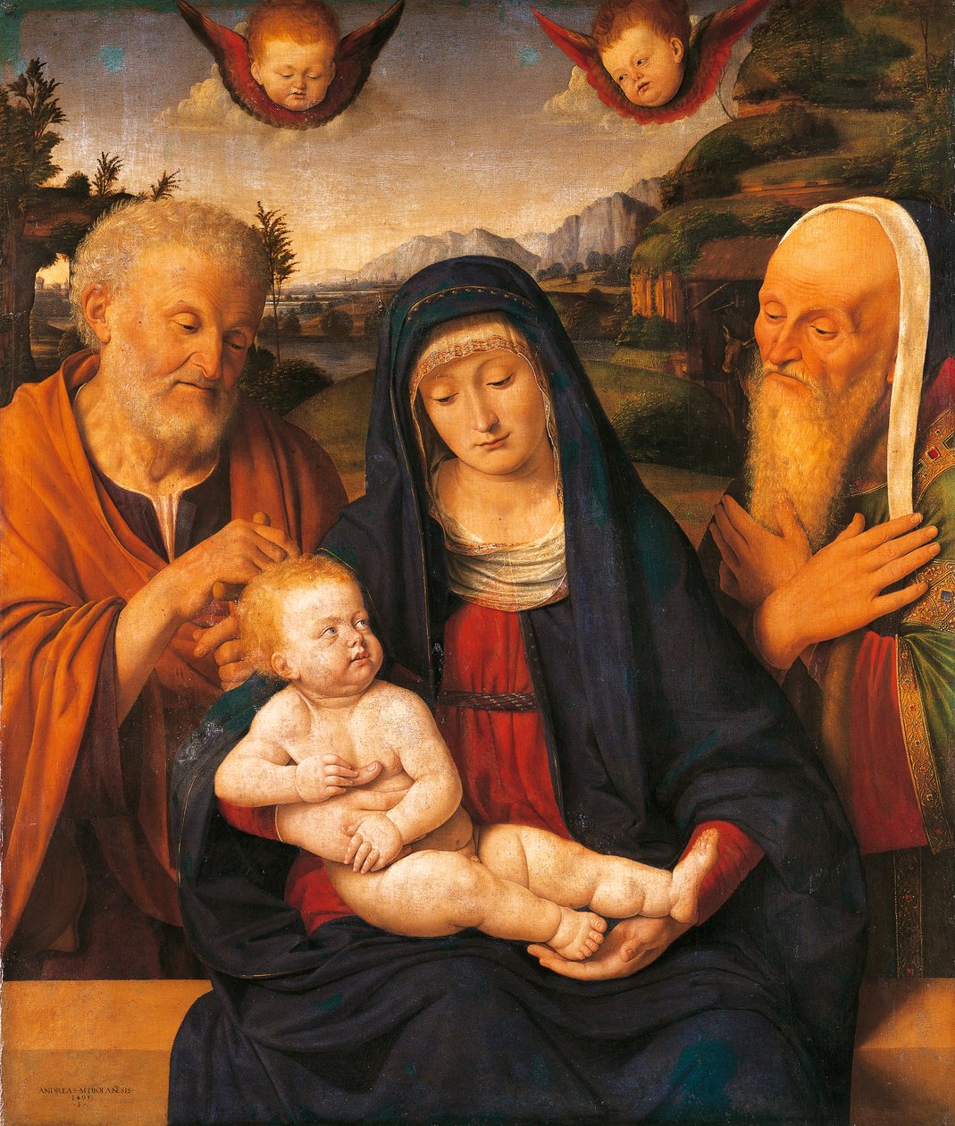 Madonna og barn med de hellige Joseph og Simeon af Andrea Solario (1470-1524), tempera og olie på panel, overført til lærred af Andrea Solario