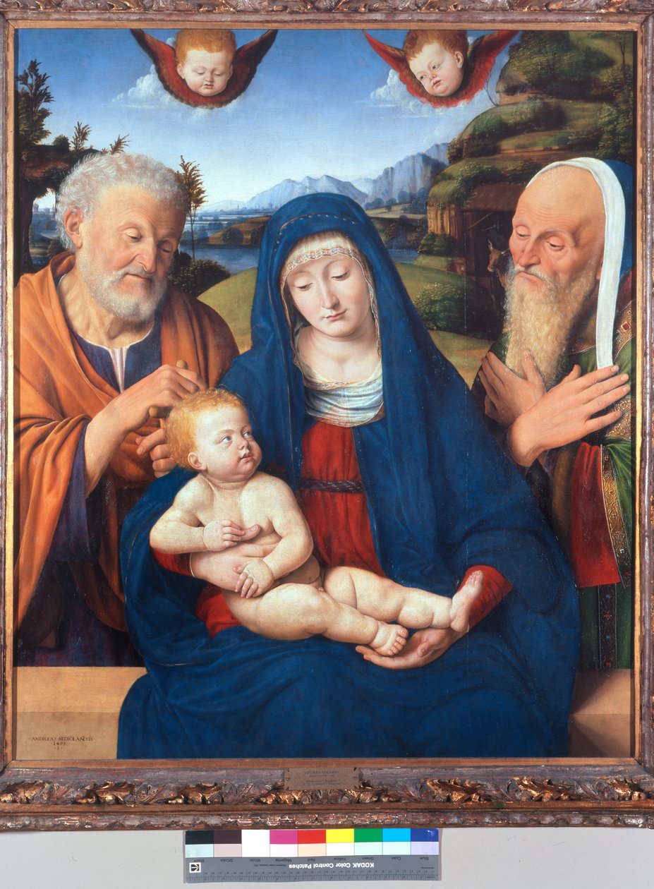 Madonna og barn med St. Joseph og St. Simeon af Andrea Solario