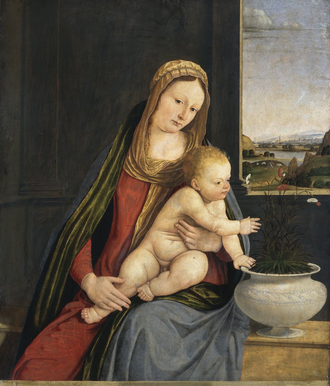 Madonna of the Carnations, ca. 1495 (olie og tempera ombord) af Andrea Solario