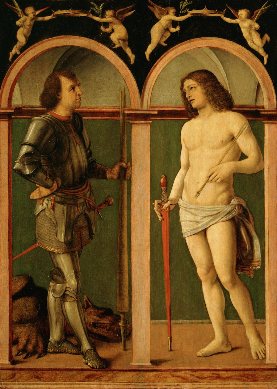 Sankt Georg og Sankt Sebastian (olie på træpanel) af Andrea Solario
