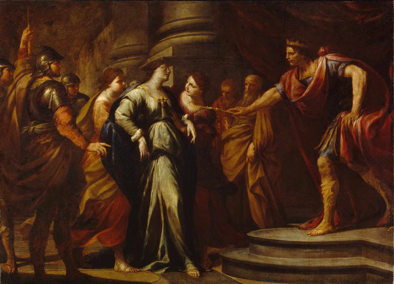 Esther (Hadassah bat Avilail) før Assuerus (identificeret med Xerxes I, konge af Persien, 519-465 f.Kr.) (Ester før Ahasverus). Esther er valgt til hustru af den persiske konge blandt alle bejlerne. Maleri af Andrea Vacaro (1604-1670), olie på af Andrea Vaccaro