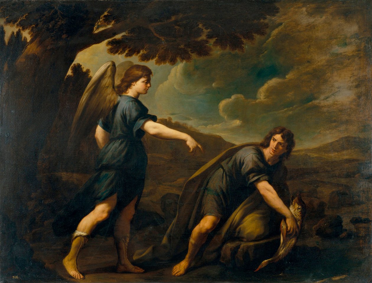 Englen og Tobias med fisken - Maleri af Andrea Vaccaro (1604-1670), olie på lærred (199,5x262 cm), ca. 1640, italiensk kunst af Andrea Vaccaro