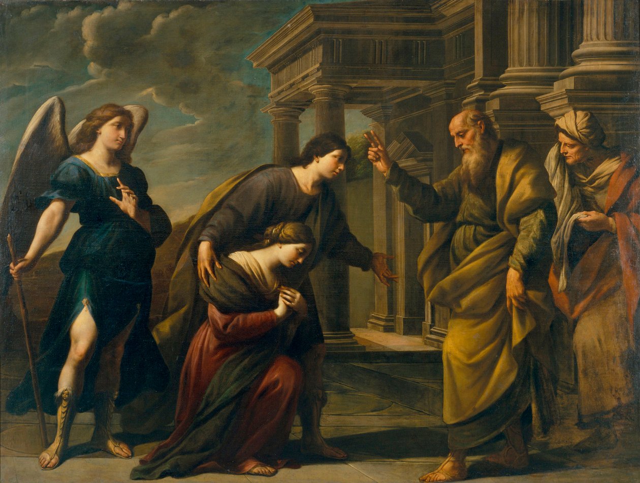 Raguel velsigner sin datter Sarah, inden han tager af sted til Ecbatane med Tobias (Raguels velsignelse af hendes datter Sarah, før han forlader Ecbatana med Tobias) - Maleri af Andrea Vaccaro (1604-1670), olie på lærred (200,3x262 cm), ca. 1640, kunst ita af Andrea Vaccaro