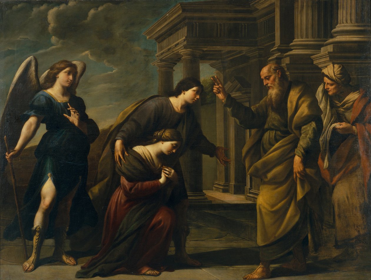 Raguels velsignelse af hendes datter Sarah, før hun forlod Ecbatana med Tobias, ca. 1640 af Andrea Vaccaro