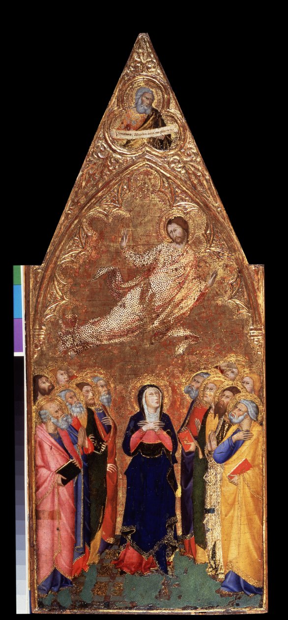 ""Kristi himmelfart"" Nedenfor ser Jomfru Maria og apostlene Jesus Kristus. Ovenfor en repræsentation af profeten Jeremias. Tempera på træ af Andrea Vanni (1332-1414) 1355-1360 Dim. 68x28 cm Eremitagemuseet, Sankt Petersborg (Saint-Petersbo af Andrea Vanni