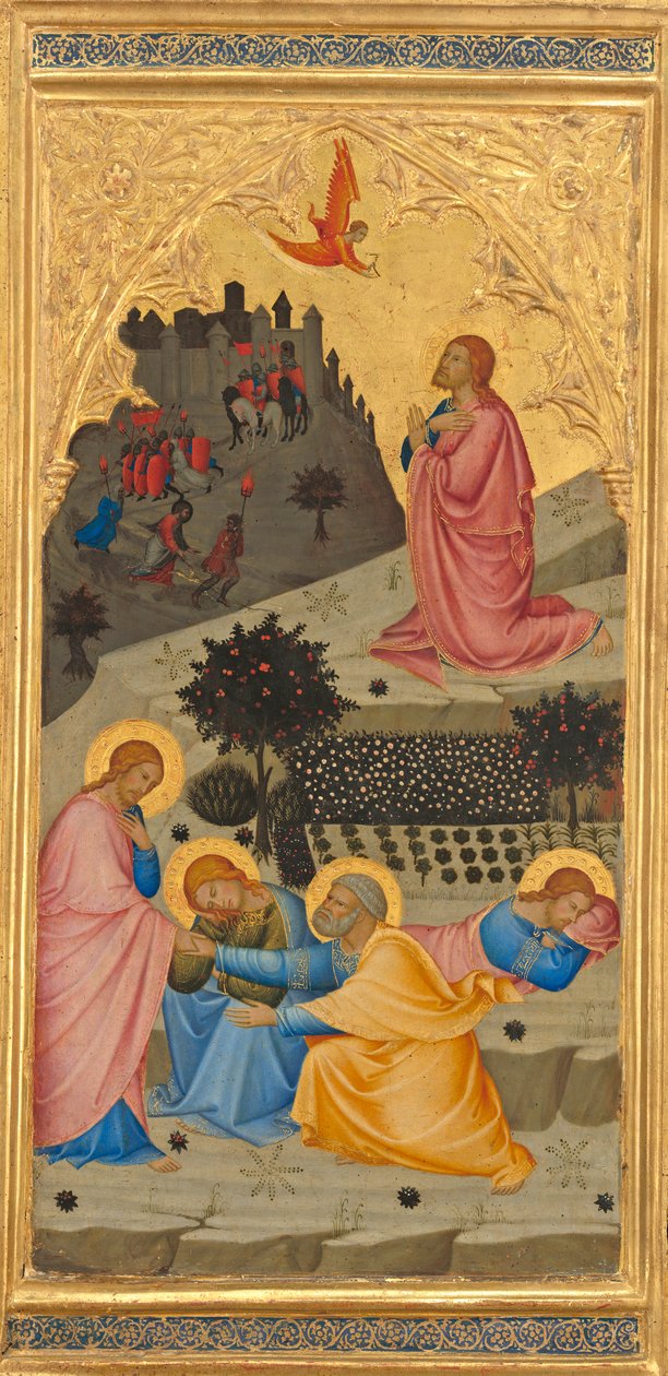 Agony in the Garden, ca.1380 (æg-tempera og bladguld på træpanel) af Andrea Vanni