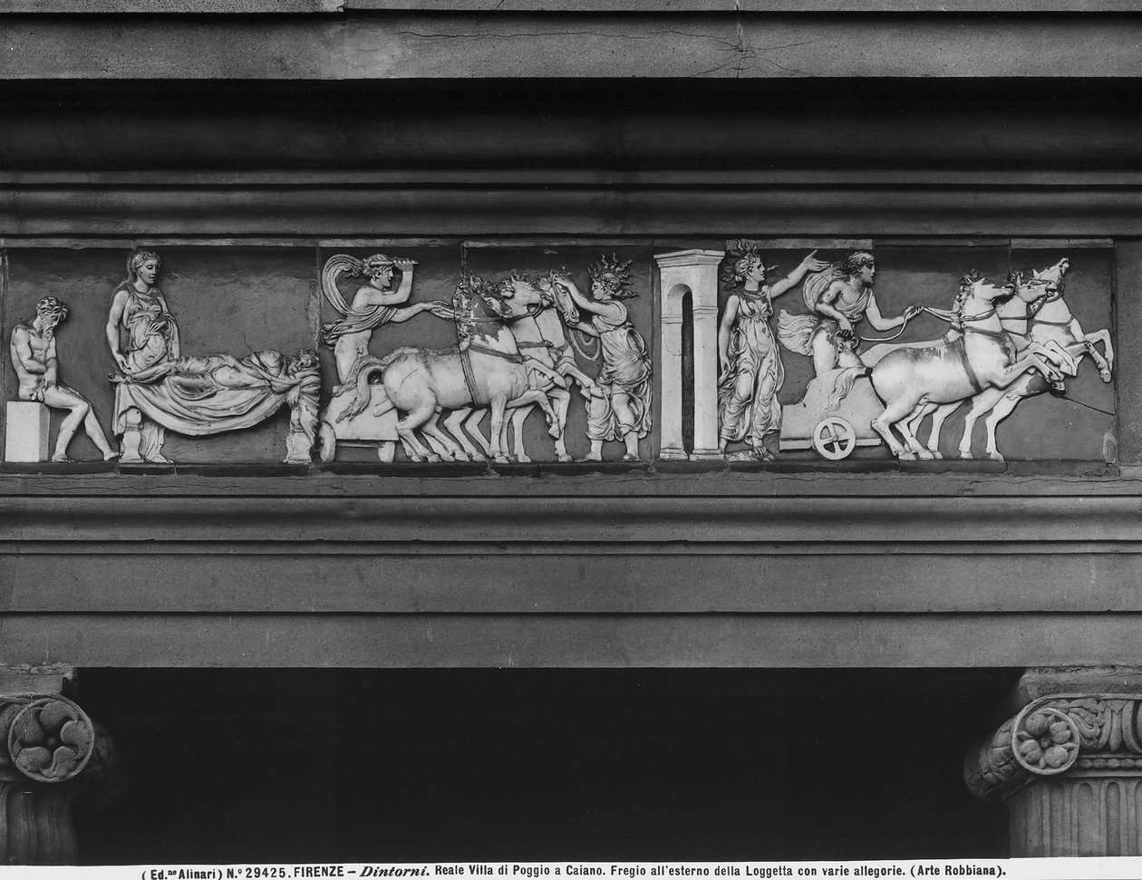Døden og Solens Vogn, detalje af den glaserede terracotta-frise på pronaos af Villa di Poggio a Caiano, Prato af Andrea and Bertoldo di Giovanni (c.1420 91) Sansovino