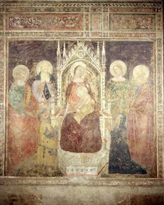 Jomfru og Barn med SS. Johannes Døberen, Nicolas og Elias (fresko) af Andrea da Firenze (fl.1388 1459)