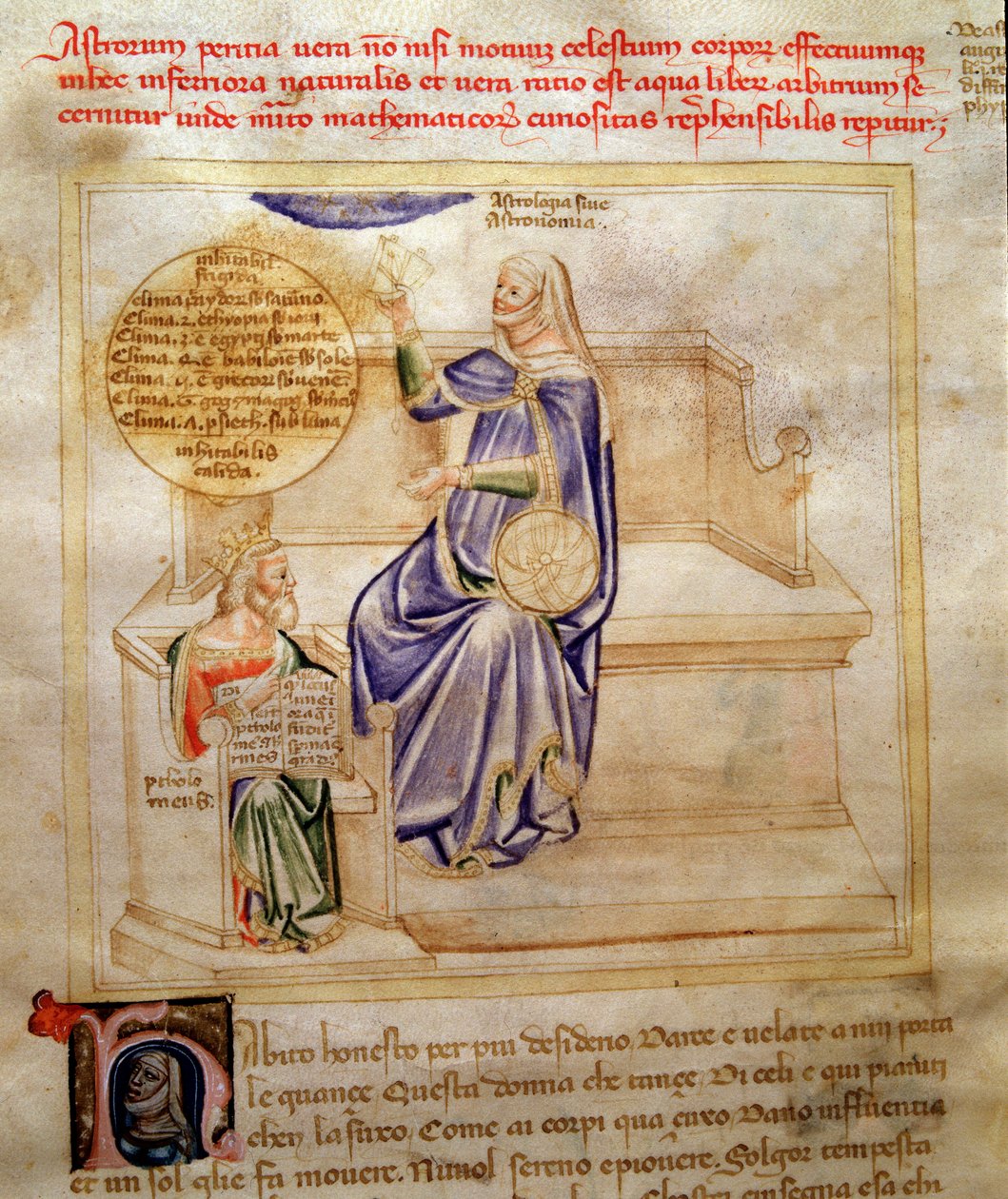 Allegorier for astrologi eller astronomi i "" Song of the Seven Vertus and the Seven Liberal Arts bestemt til Bruzio Visconti "(Sangen om dyder og videnskaber) af Bartolomeo di Bartoli. Akvarel af Andrea di Bartoli (aktiv mellem 1358 og af Andrea de Bartoli