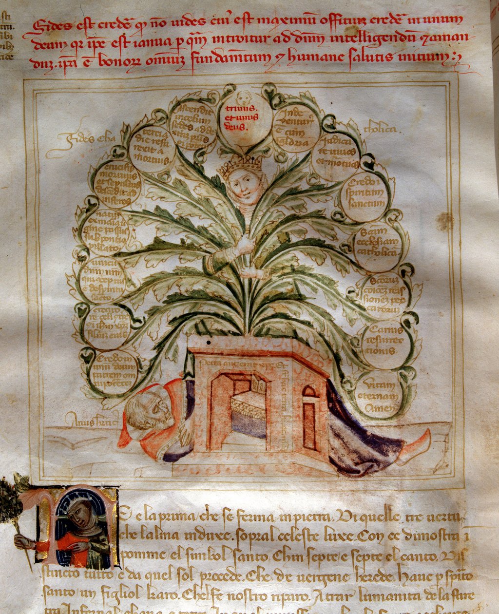 Allegorier af Esperance i "" Chansonne des sept Vertus et des sept Arts liberales bestemt til Bruzio Visconti "(Sangen om dyder og videnskaber) af Bartolomeo di Bartoli. Akvarel af Andrea di Bartoli (aktiv mellem 1358 og 1368) (ms. 599, fol. af Andrea de Bartoli