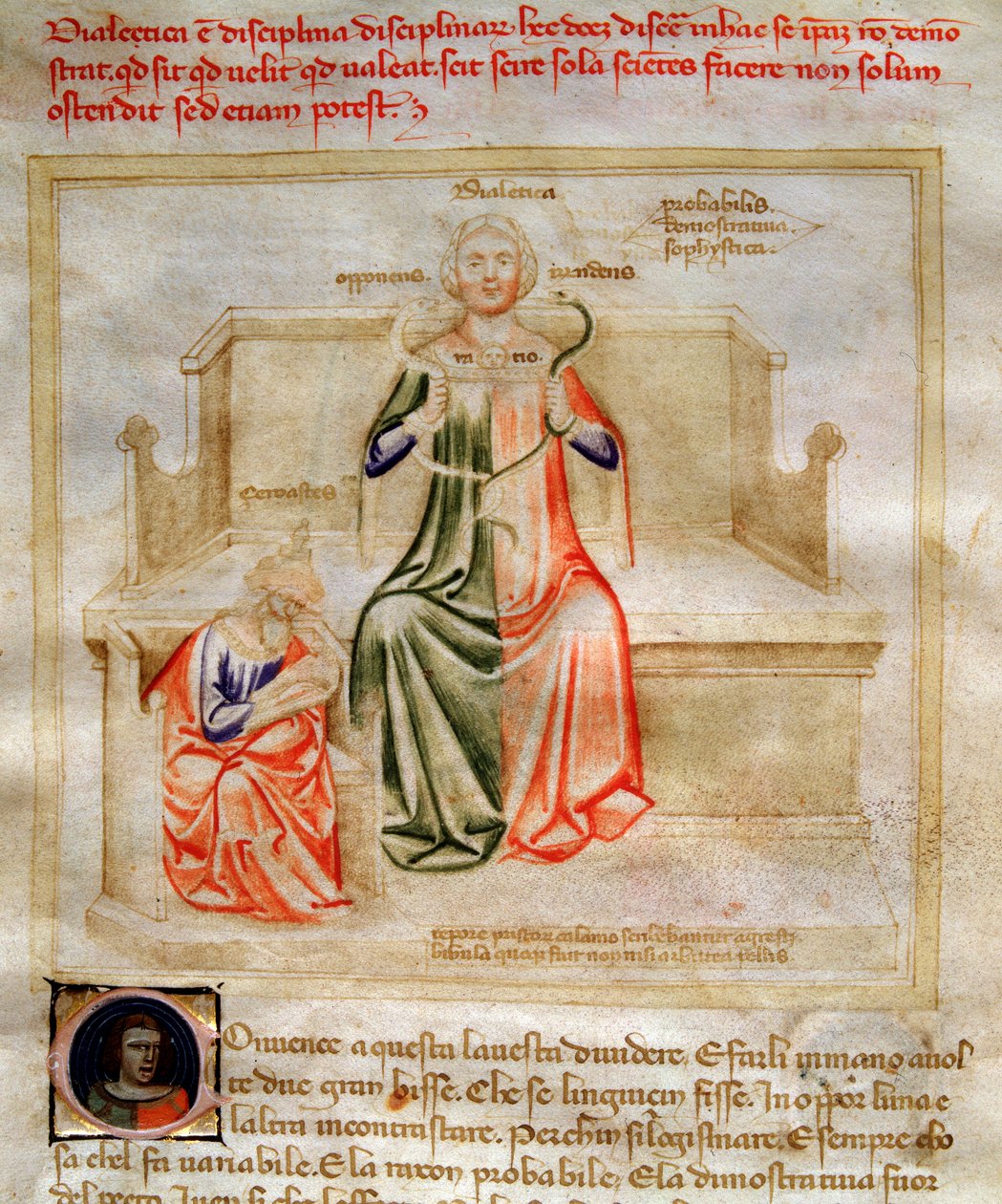 Allegorier af dialektikken i "" Chansonne des sept Vertus et des sept Arts liberales bestemt til Bruzio Visconti "(Sangen om dyder og videnskaber) af Bartolomeo di Bartoli. Akvarel af Andrea di Bartoli (aktiv mellem 1358 og 1368) (ms. 599, fo af Andrea de Bartoli