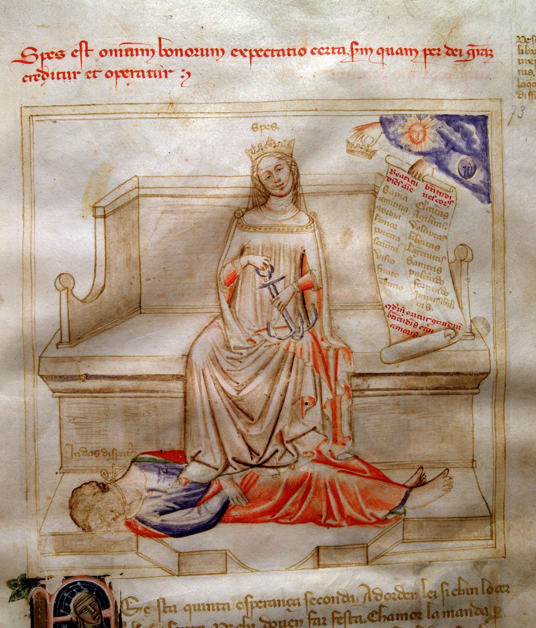 Allegorier om troen i "" Chansonne des sept virtues et des sept arts liberoux destinee to Bruzio Visconti "(Sangen om dyder og videnskaber) af Bartolomeo di Bartoli. Akvarel af Andrea di Bartoli (aktiv mellem 1358 og 1368) (ms. 599, fol. 5 af Andrea de Bartoli