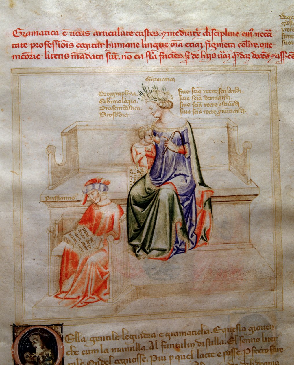 Allegorier af Grammaire i "" Chansonne des sept Vertus et des sept Arts liberales bestemt til Bruzio Visconti "(Sangen om dyder og videnskaber) af Bartolomeo di Bartoli. Akvarel af Andrea di Bartoli (aktiv mellem 1358 og 1368) (ms. 599, fo af Andrea de Bartoli