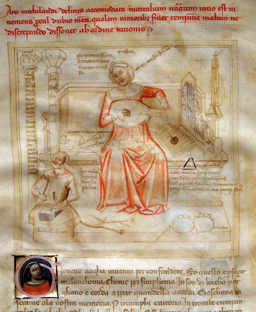 Allegorier for musikken i "" Chansonne des sept Vertus et des sept Arts liberales destinee à Bruzio Visconti "(Sangen om dyder og videnskaber) af Bartolomeo di Bartoli. Akvarel af Andrea di Bartoli (aktiv mellem 1358 og 1368) (ms. 599, fol. af Andrea de Bartoli